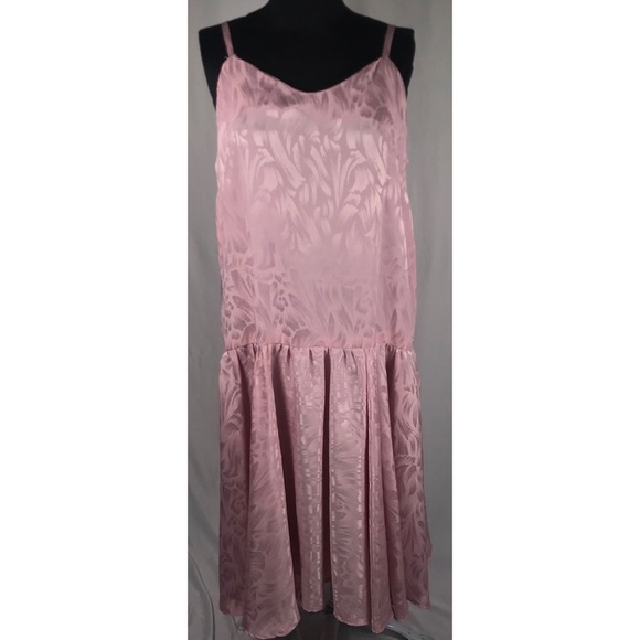 Sold--80’s Vintage Blush Pink Monochrome Floral Satin Drop Waist Midi Slip Dress - Picture 5 of 12